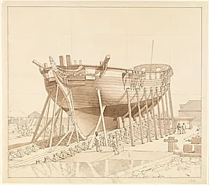 En Korvet på stablen. Nyholm med spanteloftsbygningen i baggrunden. by C.W. Eckersberg