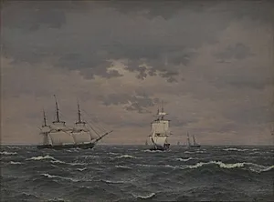En korvet, som indtager reb i merssejlene i en tiltagende kuling og nogle andre sejlere by C.W. Eckersberg