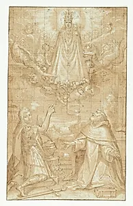 En kronet Madonna med barnet, omhængt med en kappe og tunge kæder, åbenbarer sig i skyerne, omgivet af engle og keruber, for to knælende helgener; den ene en soldat, der er martyr, den anden en gejstlig (Hyacintus?). En engel rækker et bælte eller et skriftbånd ned til dem, hvorpå der står: GAUDE TI GIACINTE VINX (?) by Guercino