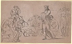 En kronet mandsfigur viser sine genitialia frem midt i en skare af siddende og stående kvinder by Nicolai Abildgaard