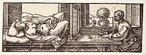 En kunstner, som tegner en nøgen kvinde by Albrecht Dürer