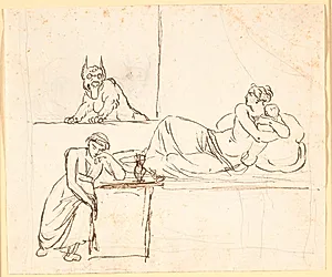 En kvinde, der ligger med et spædbarn på en seng, ser et uhyre vise sig i vinduet. Ved sengens fodende sidder en sovende kvinde by Nicolai Abildgaard