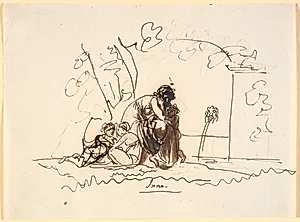 En kvinde, der sidder ved en kilde med tre små børn by Nicolai Abildgaard