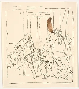 En kvinde knæler for en siddende mand. I baggrunden en grædende kvinde, der støtter sig til en stol. Teaterscene? by C.A. Lorentzen