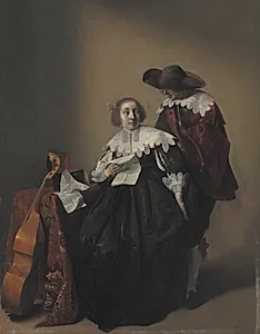 En kvinde med et brev opvartes af en kavaler by Willem Cornelisz Duyster
