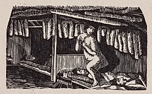 En kvinde sniger sig ud fra sovebriksen i et hus. Sagnmotiv by Rasmus Berthelsen