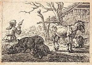 En kvinde spinder garn omgivet af æsler og svin by Pieter van Laer