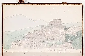 En landsby på en bjergknold. En stor borg på toppen og bjerge i baggrunden by P.C. Skovgaard