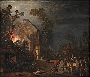 En landsby plyndres om natten by Esaias van de Velde