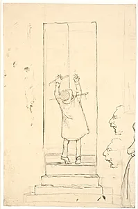 En lille mand står på tæerne for at åbne en dør med slå. Rids af profiler og kvinde by Wilhelm Marstrand