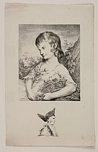 En lille pige med en blomsterkurv og mandsportræt by J.F. Clemens