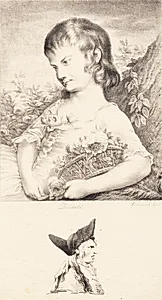 En lille pige med en blomsterkurv og mandsportræt by J.F. Clemens