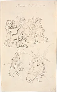 En lille pige midt i en flok drenge, som slås, forneden to hestehoveder by Johan Thomas Lundbye