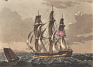 En lootsbaad og et dansk fregat skib for en sløring by Niels Truslew