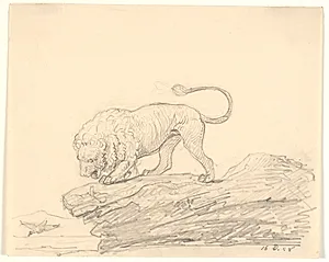 En løve på en klippe. Den ser efter en forbiflyvende fugl by H.W. Bissen