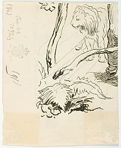 En løve, planter og et ben by Lorenz Frølich