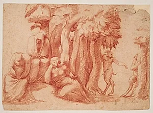 En lund med tre nymfer, der udspioneres af tre satyrer by Pirro Ligorio