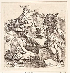 En mand, der sælger enebærvin, og tre tiggere by Ossenbeeck, Jan van