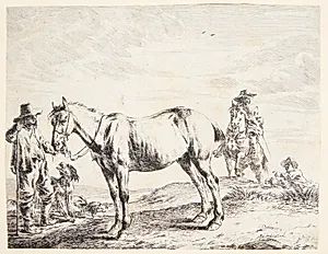 En mand holder en hest ved hovedtøjet by Dirk Stoop