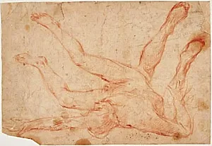 En mand liggende på ryggen med benene strakt opad, samt et studie af to ben set bagfra by Francesco Montelatici