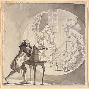 En mand med en laterna magica viser et tyveri, der foregår for næsen af den sovende vægter by Nicolai Abildgaard