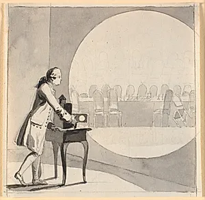 En mand med et laterna magica viser et billede af det tomme statsrådsværelse by Nicolai Abildgaard