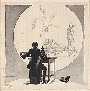 En mand med et laterna magica viser et billede af handelens og håndværkets forfald - den halte Mercur, den sovende Vulcan etc. by Nicolai Abildgaard