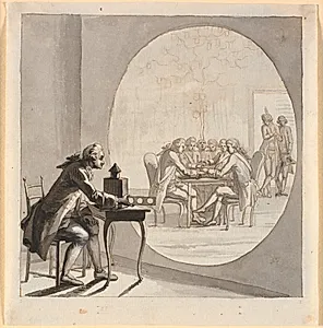 En mand med et laterna magica viser et billede af gehejmestatsrådet by Nicolai Abildgaard