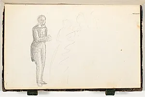 En mand med frakkeskøder, der folder hænderne foran sig by P.C. Skovgaard