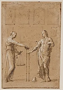 En mand og en kvinde i antikke dragter, hver med en vægt og en lineal, stående foran en væg med malerier. På gulvet foran manden ligger en pung by Giovanni Angelo Canini