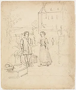 En mand og en kvinde i historiske kostumer, stående ved en brønd. I baggrunden en renaissancebygning by Dankvart Dreyer