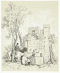 En mand vander heste ved en brønd, mens en kvinde henter vand og en dreng hjælper hende by Fortuné Ferogio