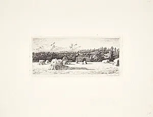 En mark med sæd-traver foran en gård by Louise Ravn-Hansen