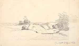 En markvej med lidt buske i forgrunden. I baggrunden et skovbryn by P.C. Skovgaard