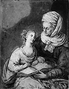 En moder lærer datteren at læse by Wolfgang Koepp
