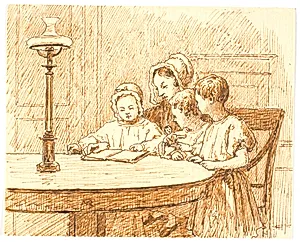 En mor viser tre børn en bog by Martinus Rørbye