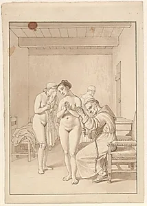 En munk, der afstraffer to nøgne kvinder by C.W. Eckersberg