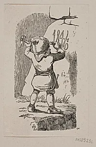 En nisse indhugger årstallet 1846 i en klippe by H.C. Henneberg