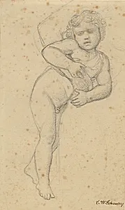 En nøgen dreng støtter sig mod sin moders knæ. by C.W. Eckersberg