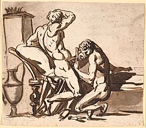 En nøgen mand, der omskærer en anden nøgen mand, eller: Uranos der gildes af Kronos? by Nicolai Abildgaard