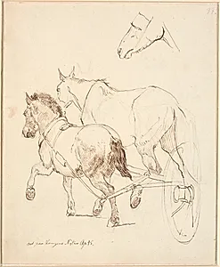 En Nordbagge og en almindelig hest spændt for samme vogn. F.o. Hestehoved by Johan Thomas Lundbye