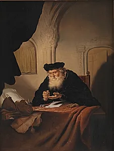 En olding tæller sine penge by Salomon Koninck