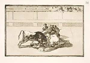 En picador bliver kastet af hesten og styrter under tyren by Francisco de Goya