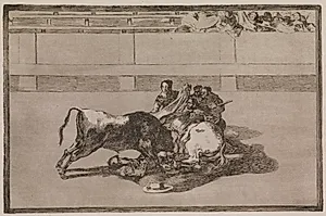 En picador bliver kastet af hesten og styrter under tyren by Francisco de Goya