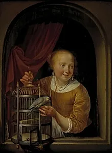 En pige med en papegøje by Pieter Cornelisz. van Slingelandt