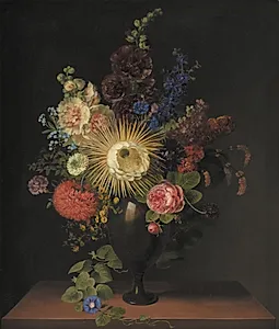 En porfyrvase med Cactus grandiflora og andre blomster