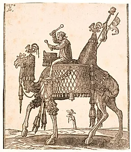 En prægtigt opsadlet dromedar med en paukespiller som rytter by Melchior Lorck