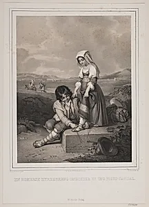 En romersk hyrdedreng ombinder en ung piges sandal. by Adolph Kittendorff