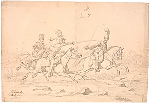 En rytterfægtning; foroven et studie af et hoved by Johan Thomas Lundbye