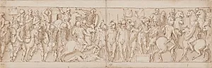 En sarmatisk landsby ødelægges for øjnene af kejseren; barbarer ser til fra et podium; Marcus Aurelius til hest modtager en germansk budbringer til hest by Giovanni Guerra